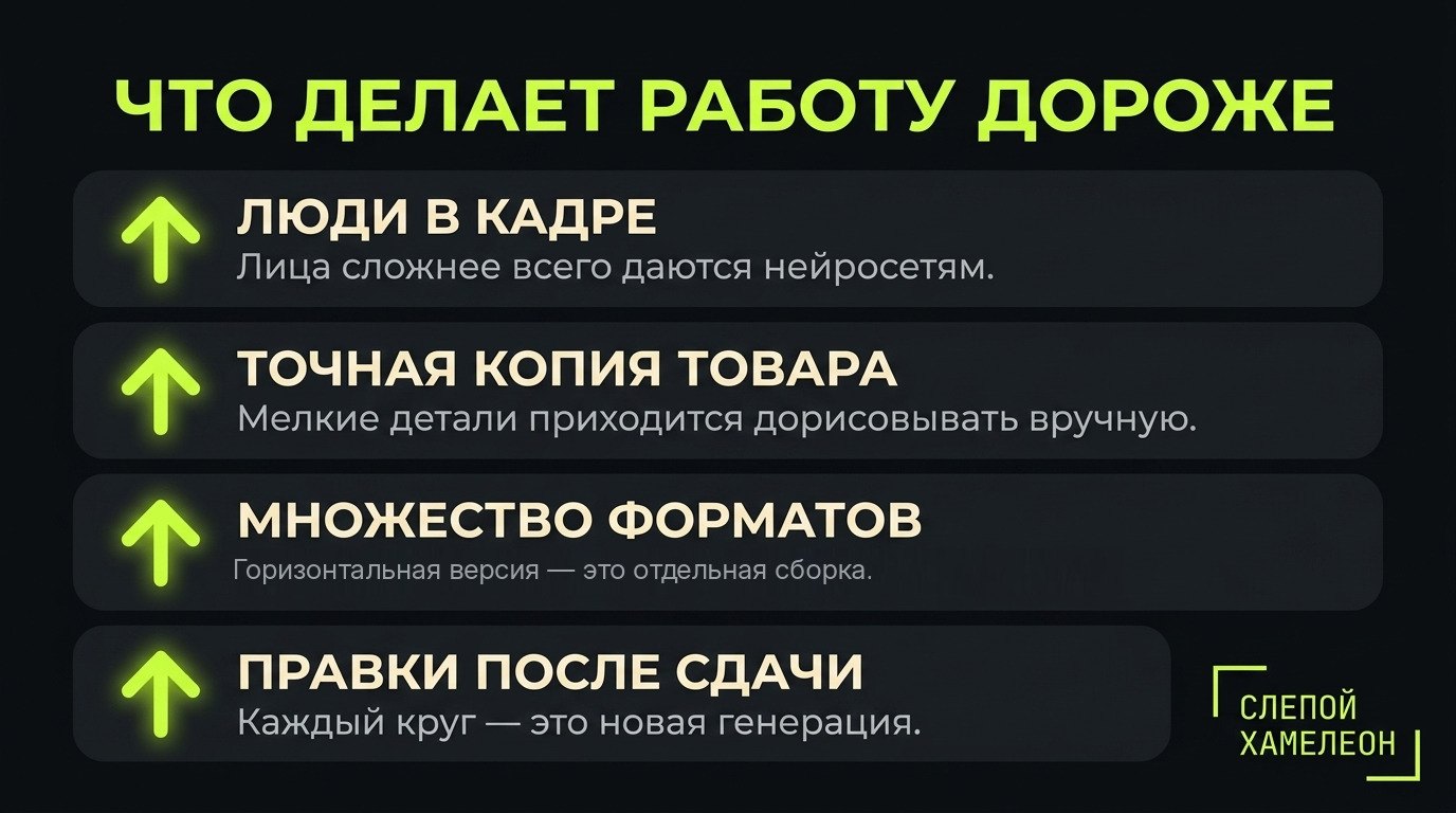 Что удорожает работу: люди в кадре, точная копия товара, много форматов, правки
