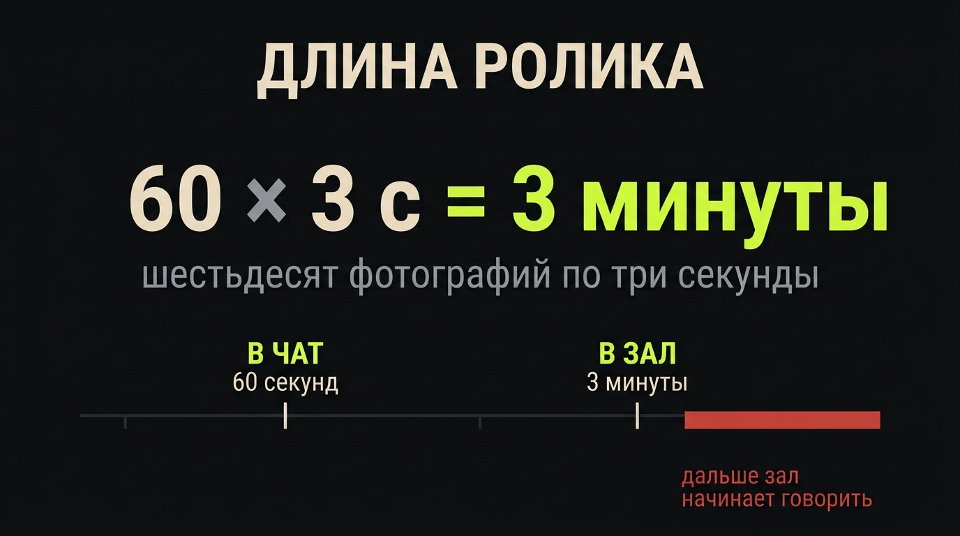 Шестьдесят фотографий по три секунды это ровно три минуты