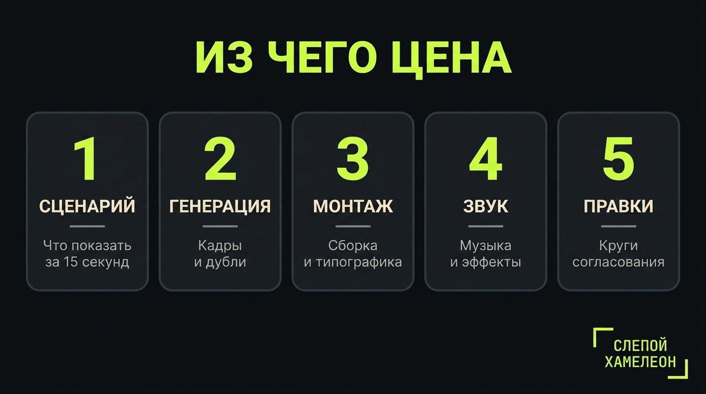 Из чего складывается цена ролика: сценарий, генерация, монтаж, звук, правки