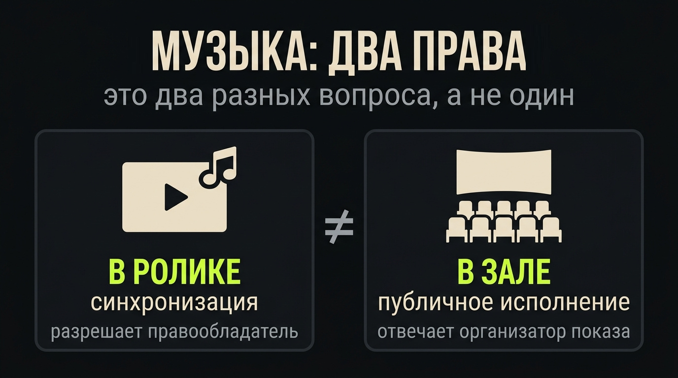 Наложить трек на видео и показать видео в зале — два разных права