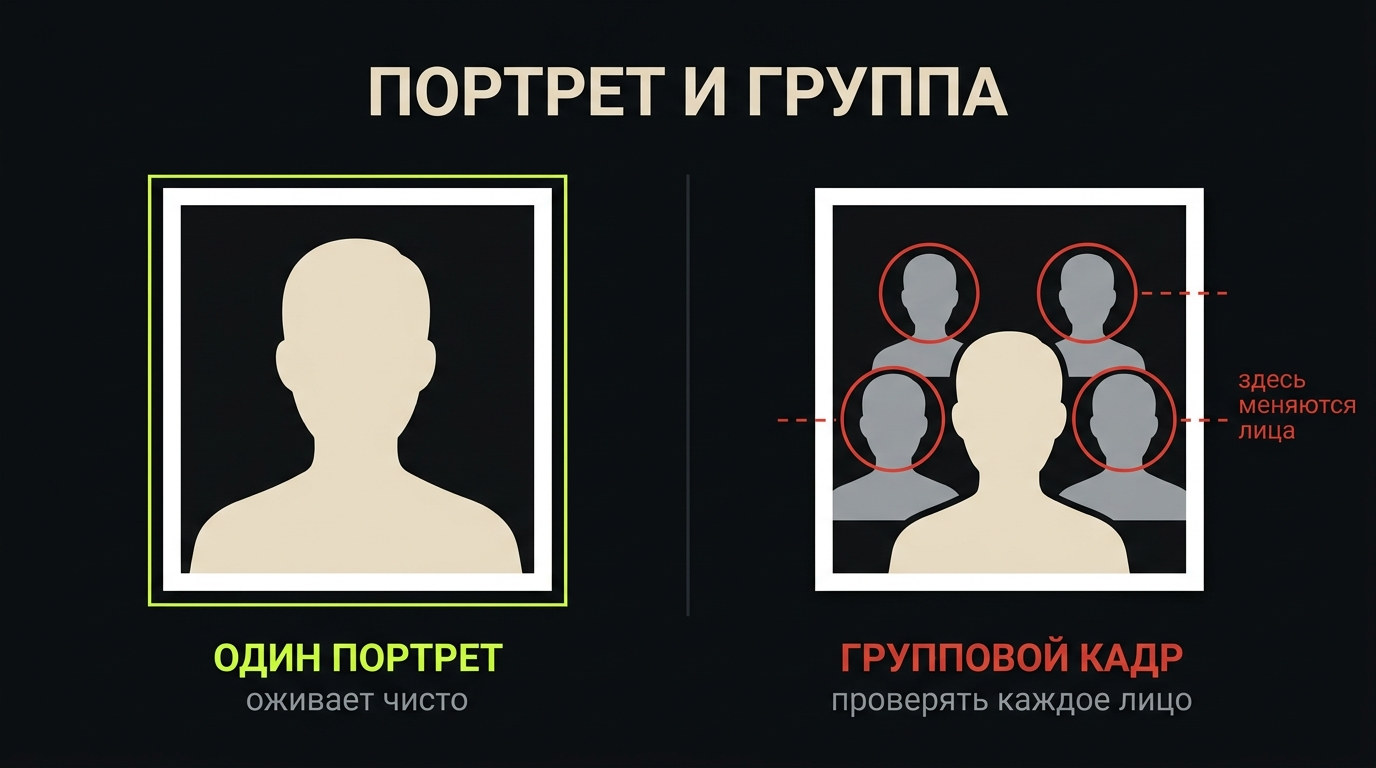 Одиночный портрет оживает чисто, на групповом снимке нейросеть переделывает лица второго плана