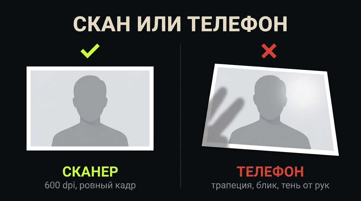 Скан против съёмки телефоном: трапеция, блик и тень от рук