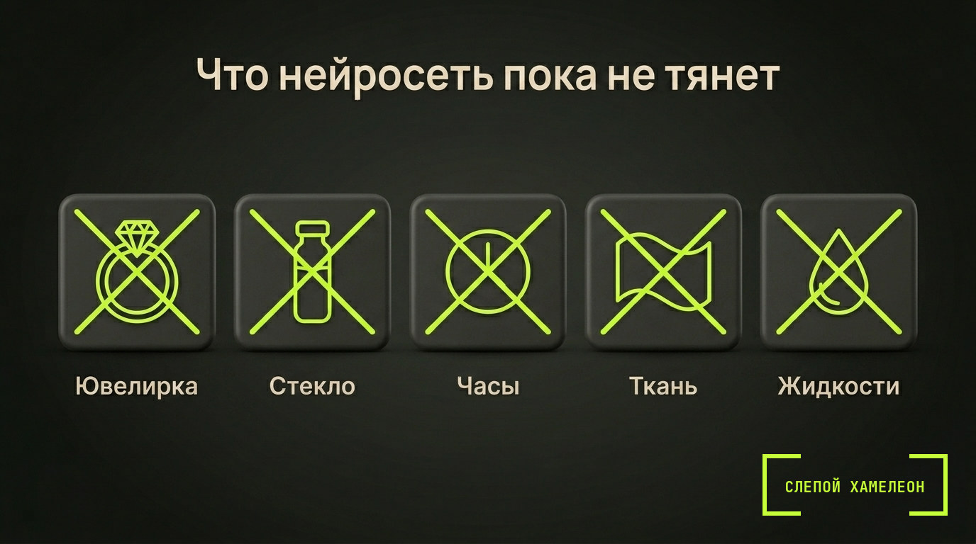 Что нейросеть пока не тянет Товары, которые нейросеть пока не тянет: стекло, ювелирка, мех