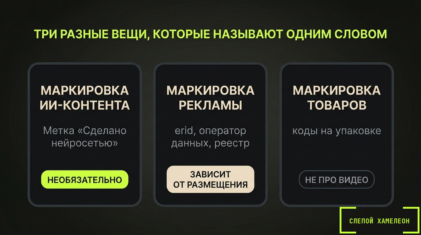 Три маркировки, которые путают: ИИ-контент, интернет-реклама и товар